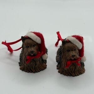 Two VTG Yorkie In Santa Hat Hanging Ornaments Resin Christmas, Decor 2”X3” READ